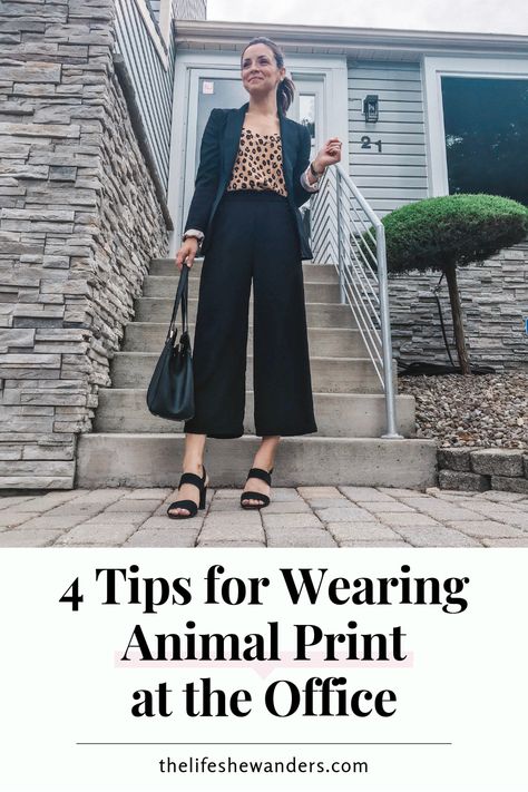 4 Tips for Wearing Animal Print at the Office -- The Life She Wanders // #leopardprint #leopardtop #animalprint #falltrends #workwear #workwearfashion #weartowork #workoutfits #workstyle #officeoutfits #businessattire #businesscasual #fallfashionoutfits #fallfashion2019 #fallstyle Animal Print Work Outfit, How To Wear Animal Print Shoes, Animal Print Flats Outfit, Animal Print Flats Outfit Business, Winter Workwear Outerwear In Leopard Print, Leopard Print Leather Heels For Workwear, Chic Leopard Print Heels For Work, Elegant Leopard Print Outerwear For Work, Leopard Shirt Outfit