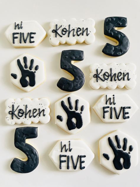 Hi Five Birthday Cookies, Hi 5 Birthday Party Ideas For Boys, Five Birthday Party Ideas Boy, Hi Five Birthday Party Ideas Boys, 5th Bday Party Ideas Boys, 5 Is A Vibe Birthday Party Boy, Hi 5 Birthday Party Ideas, 5 Year Birthday Party Ideas Boy, Fifth Birthday Party Ideas Boy