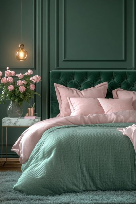 29 Green and Pink Bedroom Ideas for a Chic and Trendy Vibe 13 Dark Pink And Green Bedroom, Pink And Green Interior Design, Fern Bedroom, Green And Pink Bedroom Ideas, Green And Pink Bedroom, Luxurious Modern Bedrooms, Pink Green Bedrooms, Maximalist Apartment, Mom Bedroom