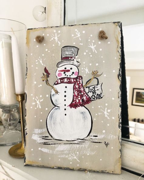 Snowman Slate. Winter Slate. Snowman Sign. Snowman Art. Christmas Slate Sign. Hand Painted Slate. Door Hanger. Holiday Slate - Etsy Christmas Slate Painting, Christmas Watercolors, Slate Painting, Barn Wood Art, Snowman Art, Taupe Background, Santa Paintings, Painted Snowman, Slate Art