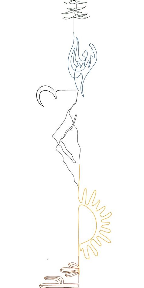 Bracelet continuous line tattoo with tree, wave, moon, mountains, sun and desert/cactus. Desert Tree Tattoo, Cactus With Sun Tattoo, Sun And Cactus Tattoo, Cactus Moon Tattoo, Desert Mountain Tattoo, Desert Landscape Tattoo, Desert Tattoo Ideas, Tree Line Tattoo, Cactus Tattoos