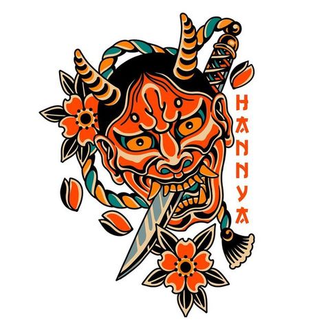 Mexican Old School Tattoo, Hanya Mask Tattoo Traditional, Japanese Tattoo Art Oni, Japanese Old School Tattoo, Traditional Hannya Mask Tattoo, Old School Japanese Tattoo, Japanese Flash, Hanya Mask Tattoo, 24 Tattoo