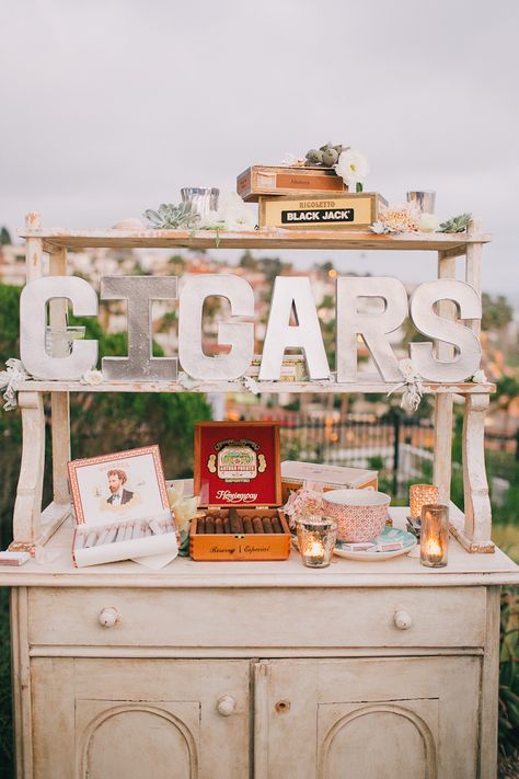 a cigar bar | Photography: Kelly Stonelake Photography - kellystonelake.com, Vintage Rentals by http://www.foundrentals.com/, Design and Styling by http://goinglovely.com/  Read More: http://stylemepretty.com/2013/10/23/beachy-bohemian-inspired-wedding-from-kelly-stonelake-photography/ Masculine Wedding Decor, Cuban Bar, Hay Wedding, Wedding Cigars, Masculine Wedding, Hunter Wedding, Cocktail Hour Wedding, Bar Wedding, Creative Cocktail