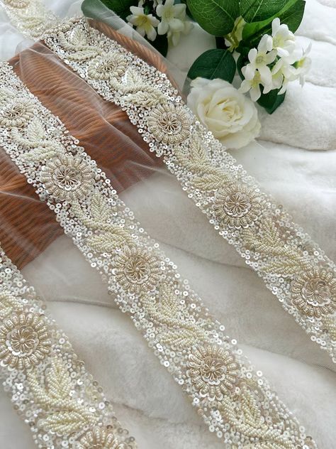 1 Yard Cream Pale Gold Zardosi Pearl Floral Trim Hand - Etsy Ribbon Hair Accessories, Bead Lace, Pakistan Dress, Gold Work Embroidery, Bridal Applique, Wedding Dress Sash, Fancy Sarees Party Wear, Pakistani Fancy Dresses, Bridal Dress Fashion