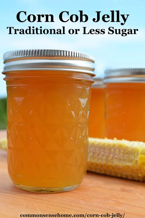 Corn Cob Jelly How To Make, Corn Jam Recipe, Corn Cob Jelly Canning, Corn Jelly Recipe, Water Bath Canning Corn, Unique Jelly Recipes, Unique Canning Recipes, Unique Jams And Jelly Recipes, Corncob Jelly