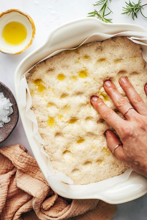 Pressing fingers into focaccia dough to create pockets on the top Focaccia Dough, Gluten Free Focaccia, Gluten Free Yeast Free, Focaccia Bread, Nourishing Foods, Savoury Baking, Flour Recipes, Bowl Of Soup, Gluten Free Flour