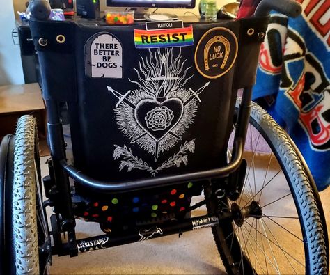 Cool Wheelchair Accessories, Aesthetic Mobility Aid, Cripple Punk Aesthetic, Punk Wheelchair, Cute Wheelchair Accessories, Mobility Aid Decoration, Spoonie Aesthetic, Decorated Mobility Aid, Decorated Wheelchair