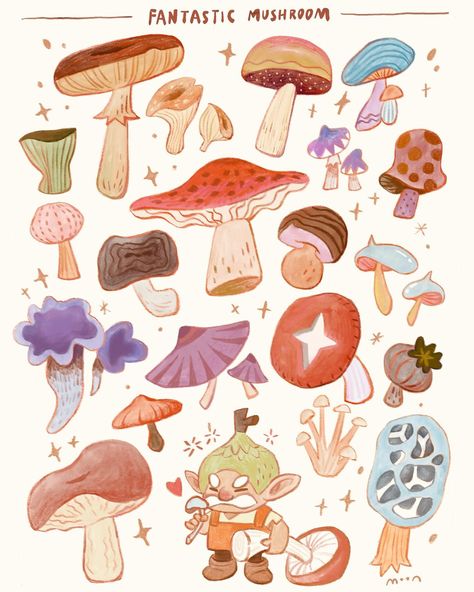 Mushrooms are always fascinating! Chef Mogu had a great harvest today and found so many magical mushrooms for his special dishes! How would his mushroom soup taste? #mushroom #mushroomsoup #mushroomhunting #mushrooms #mushroomlove #mushroomart #shroomart #fantasy #fairytail #mushroomhunters #mushroomrecipes #illustration #painting #peachtober #cuteart #fall #cozy #cozywintervibes Mushroom Character Design Concept Art, Cute Mushrooms Drawing, Mushroom Aesthetic Art, Magic Mushroom Illustration, Mushrooms Drawings, Winter Mushrooms, Mushrooms Pictures, Cute Mushroom Art, Mushroom Illustration