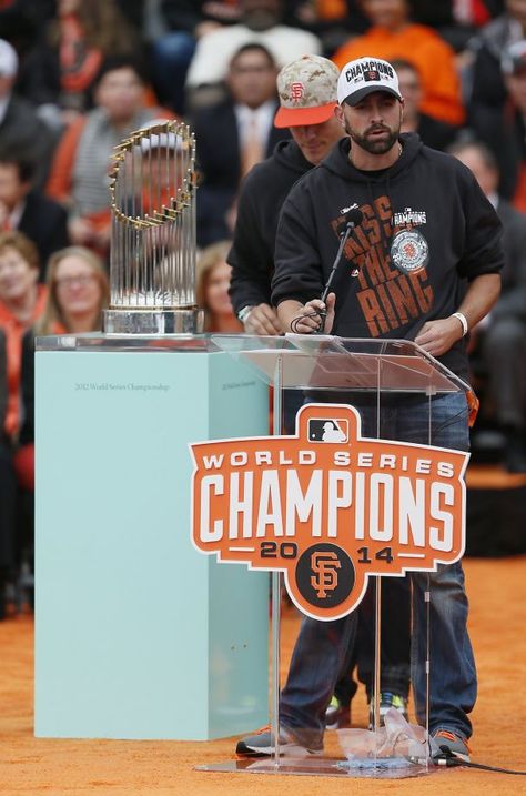 San Francisco Giants pitcher Jeremy Affeldt speaks during the championship parade ceremony on Friday, October 31, 2014 in the Civic Center of San Francisco, Calif. Photo: Beck Diefenbach, Special To The Chronicle Hunter Pence, Madison Bumgarner, Sf Giants Baseball, Rain Fall, San Francisco Giants Baseball, Country Strong, Victory Parade, Giants Baseball, Buster Posey