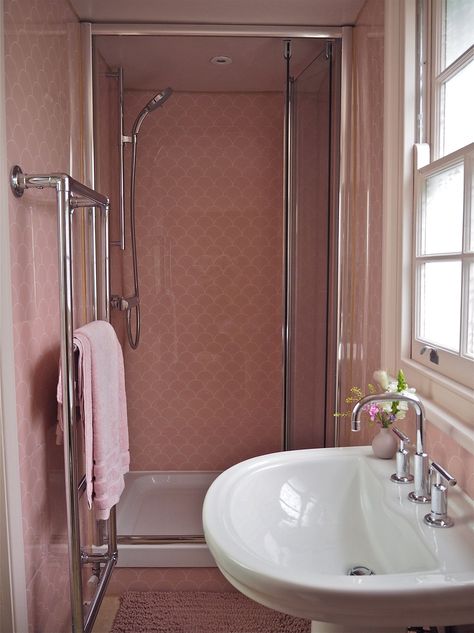 showerwall bathroom panels acrylic pink bathroom Bathroom Chrome Fixtures, Large White Tiles, Bathroom Chrome, Office Guest Bedroom, Hallway Makeover, Bathroom Paneling, Bathroom Wall Panels, Shower Wall Panels, Fitted Bathroom