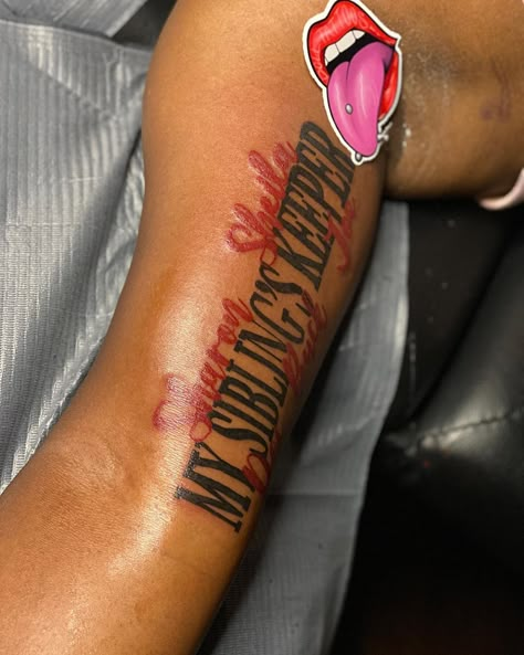 My Brother Keeper Tattoo Ideas, My Siblings Keeper Tattoo Ideas, Tattoos To Get For Siblings, My Mama Keeper Tattoo, Sibling Keeper Tattoo, Tattoo Of Siblings Names, Brother Name Tattoos For Women, My Sisters Keeper Tattoo Ideas, Tattoo For Your Siblings