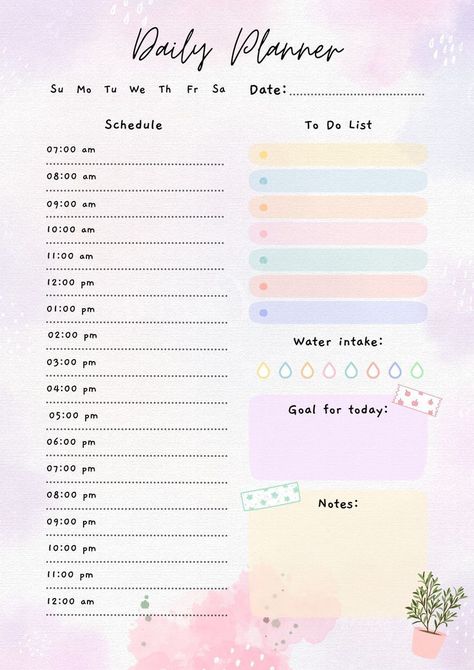 Daily Planner Diy, Daily Planner Book, Exam Planner, Journal Watercolor, Notes Plan, Free Planner Templates, Daily Planner Printables Free, Daily Routine Planner, Study Planner Printable