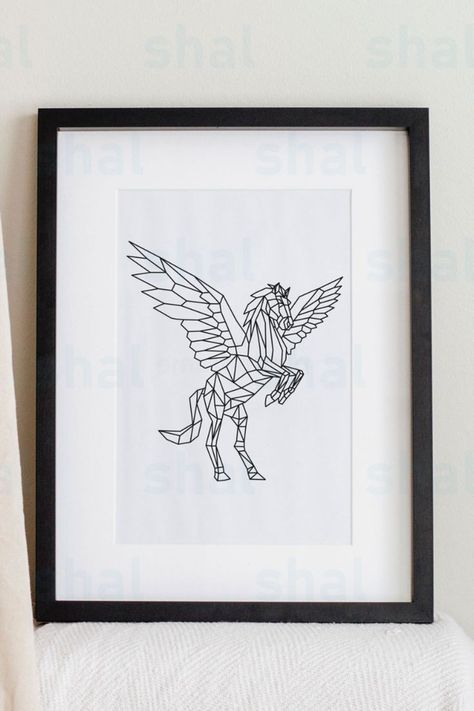 geometric pegasus artwork to print at home Pegasus Drawing, Geometric Horse, Horse Printable, Wall Decor Geometric, Wall Decor Nursery, Winged Horse, Wall Art Geometric, Senior Project, Printable Wall Decor