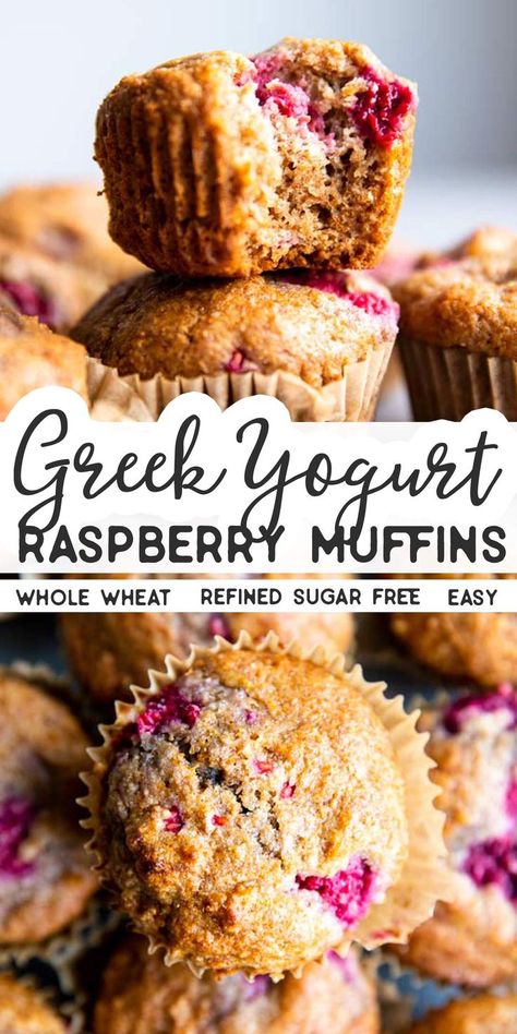 Lemon Raspberry Muffins Greek Yogurt, Healthy Raspberry Muffins, Raspberry Muffin Recipes, Muffin Allo Yogurt, Lemon Raspberry Muffins, Muffins Blueberry, School Lunch Boxes, Whole Wheat Muffins, Easy Breakfasts