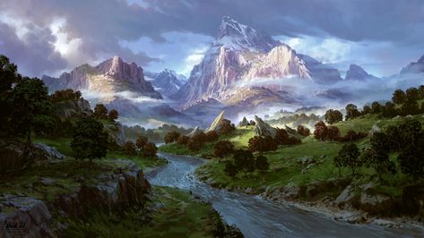 Mountain Valley, Location Inspiration, Landscape Concept, Fantasy Places, Dnd Art, Fantasy Art Landscapes, Mountain Art, High Fantasy, Arte Fantasy