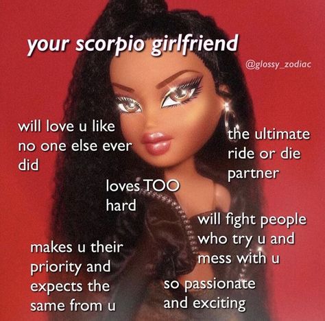 aesthetic zodiac sign memes bratz scorpio girlfriend Scorpio Girlfriend, Aesthetic Zodiac, Scorpio Personality, Zodiac Quotes Scorpio, Scorpio Art, Astrology Scorpio, Zodiac Meanings, Scorpio Girl, Zodiac Signs Chart