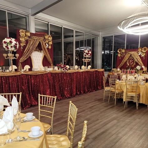 Decorating For Quinceanera, Burgundy And Gold Dresses, Red Sweet 15 Decorations, Red And Champagne Quinceanera Decorations, Red And Gold Venue Quince, Quince Ideas Themes Red, Wine Red And Gold Quinceanera Theme, Quinceanera Decorations Red And Gold, Burgundy And Gold Sweet 16