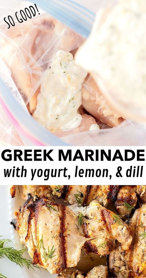 Make dinner magic with this Homemade Greek Yogurt Marinade! Perfect for chicken, pork, or lamb, this easy gluten free recipe has lemon, dill and garlic to pack a one-two flavor punch. Whether you're grilling or baking in the oven, this marinade brings a delicious cooked protein to your dinner table. Greek Chicken Marinade Yogurt, Yogurt Marinade For Chicken, Chicken Marinade Yogurt, Greek Yogurt Chicken Marinade, Greek Yogurt Marinade, Greek Yogurt Marinated Chicken, Lemon Dill Chicken, Chicken Marinate, Lamb Marinade