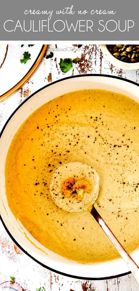 I CRAVE this Roasted Cauliflower Soup is!  I seriously can't believe how amazing it is!   It is SO creamy (without any cream or cheese) and SO flavorful and to top it off, my husband loves it too!  I will never make another recipe again! Recipes Cauliflower, Cravings Recipes, Creamy Cauliflower Soup, Roasted Cauliflower Soup, Welcome To Hell, Cauliflower Soup Recipes, Carlsbad Cravings, Turkey Soup, Cauliflower Soup