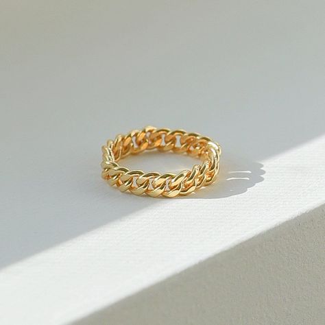 Cuban Link Ring, Gold Chain Ring, Chain Ring Gold, Herkimer Diamond Earrings, Gold Curb Chain, Gold Stacking Ring, Link Ring, Layered Rings, 18k Gold Chain