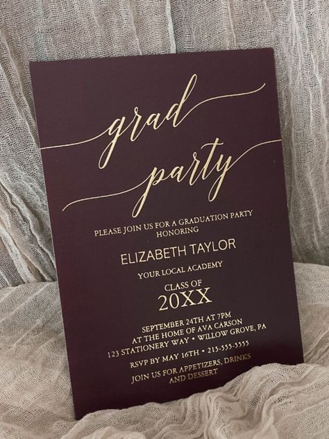 Elegant Gold Foil | Burgundy Graduation Party Foil Invitation
This elegant gold foil burgundy graduation party foil invitation is perfect for a simple grad party. The neutral design features a minimalist card decorated with romantic and whimsical typography! #graduationparty   #celebrategraduation #graduationannouncement #elegant #minimalist Simple Grad Party, Burgundy Graduation Party, Maroon Theme, Black And Gold Graduation Party, Black And Gold Graduation, Whimsical Typography, Gold Graduation Party, Graduation Party Planning, Minimalist Card