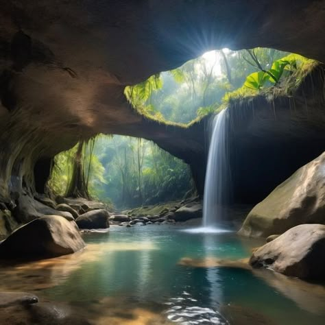 Enchanted Waterfall, Magical Waterfall Art, Magical Forest Waterfall, Ethereal Waterfall, Fairycore Waterfall, Mystical Waterfall, Mural Inspiration, Tropical Painting, Ponds