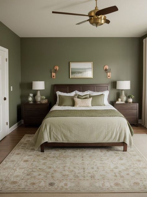 #masterbedroom #bedroomdecor #interiordesign #homedecor #bedroomideas #bedroominspiration #interiordecor #homeimprovement #designideas Olive Green Accent Wall, Earthy Bedroom Ideas, Green Accent Wall, Earthy Bedroom, Light Olive Green, Wooden Dresser, Vintage Elements, Iconic Furniture, Green Walls