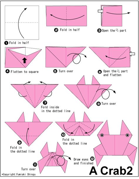 Origami Crab2 Crab Origami, Printable Origami Instructions, Crab Printable, Origami Printables, Origami Crane Tutorial, Origami Instructions For Kids, Dragon Origami, Origami Guide, Origami Turtle