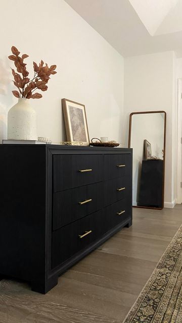 Black Dresser Wood Drawers, Modern Farmhouse Bedroom Black Dresser, Black Dresser Aesthetic, Long Black Dresser, Black Modern Dresser, Black Dressers Bedroom, Dark Dresser Bedroom, Diy Black Dresser, Black Dresser Bedroom Ideas