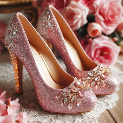 👠Beautiful glass heels glitter for ladies 👠 Made with AI @Copyright by អាណាចក្រសម្រស់ [[ Beauty Empire ]] 🇰🇭 Princess Shoes Heels, Dark Pink Heels, Pink Princess Shoes, Pink Glitter Heels, Fairytale Shoes, Fancy High Heels, Princess Heels, Jade Wedding, Glass Heels