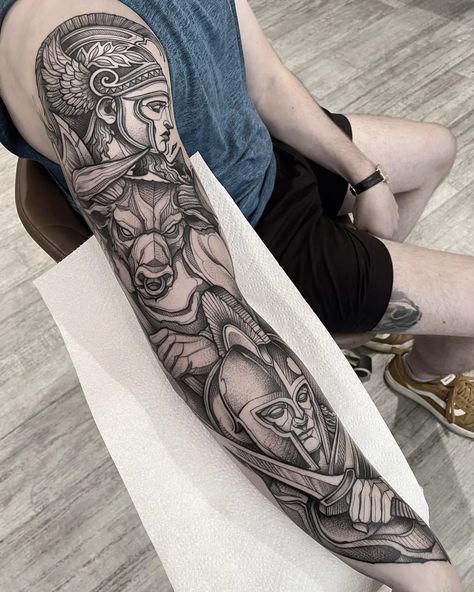 Greek Mythology Minotaur Tattoo, Greek Arm Sleeve Tattoo, Theseus Tattoo, Greek Tattoos Men, Black And Grey Leg Tattoos, Theseus Greek Mythology, Minotaur Tattoo, Greek Mythology Sleeve, Greek Mythology Tattoos Sleeve