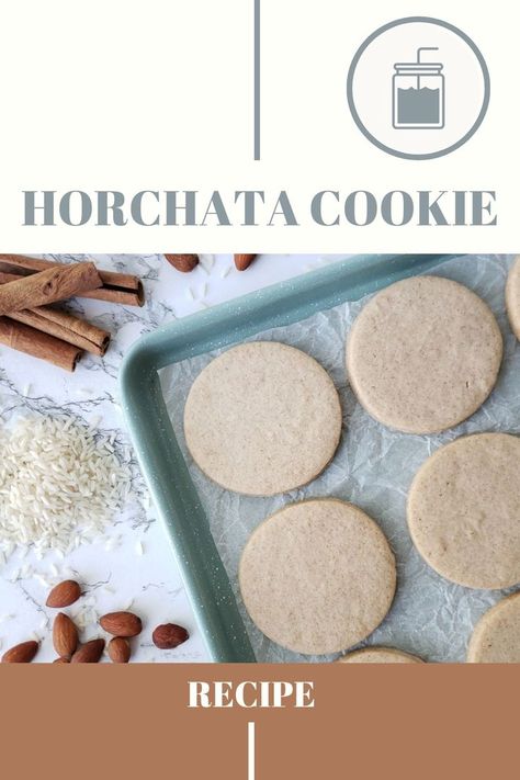 Round horchata shortbread cookies on a cookie sheet next to rice, almonds, and cinnamon sticks. Shortbread Sugar Cookie Recipe, Mexican Restaurants, Shortbread Recipes, Cutout Sugar Cookies, Mexican Dessert, Agua Fresca, Cookie Calories, I Love Me, Xmas Cookies