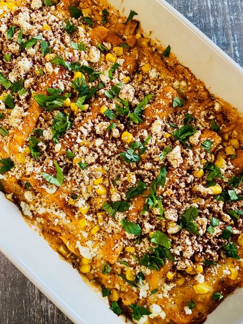 Mexican Street Corn Chicken Enchiladas - Cooks Well With Others Mexican Inspired Street Corn Enchiladas, Mexican Street Corn Chicken Bake, Elote Enchiladas, Mexican Street Corn Enchiladas, Elote Chicken Enchiladas, Street Corn Chicken Enchiladas, Street Corn Enchiladas, Corn Enchiladas, Corn Tortilla Enchiladas