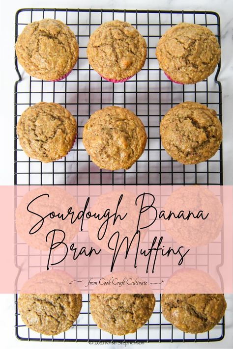 This banana bran muffin recipe is a great way to use up discard sourdough starter! Easy and delicious! Sourdough Discard Bran Muffins, Sourdough Bran Muffins, Pumpkin Bran Muffins, Sourdough Sweets, Apple Bran Muffins, Bran Muffin Recipe, Banana Bran Muffins, Sourdough Banana, Oat Bran Muffins