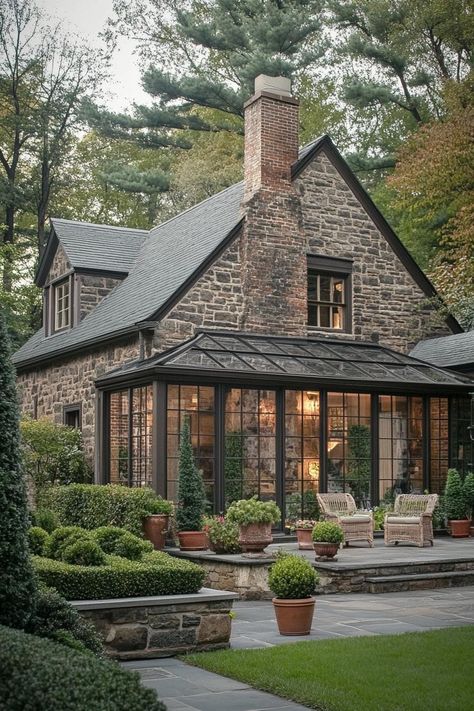 Stone House Designs Exterior, Modern Cobblestone House, Stone House Garden, Stone Cottages Exterior, English Cottage New Build, Historic Stone House, English Cottage Architecture, Large Cottage Exterior, English Style House Exterior