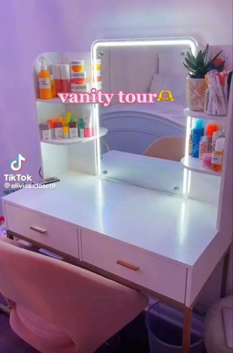 not my vanity creds to the owner!! Preppy Closet Organization, Preppy Vanity, Vanity Tour, Preppy Room Aesthetic, Dream Vanity, Vanity Inspiration, Room Vanity Ideas, Small Room Design Bedroom, House Organisation