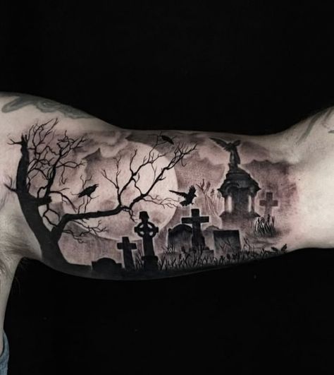 Grave Yard Tattoos, Spooky Tree Tattoo, Tomb Stone Tattoo, Graveyard Tattoo Design, Haunting Tattoo, Graveyard Tattoos, Knee Cap Tattoos, Underworld Tattoo, Cemetery Tattoo