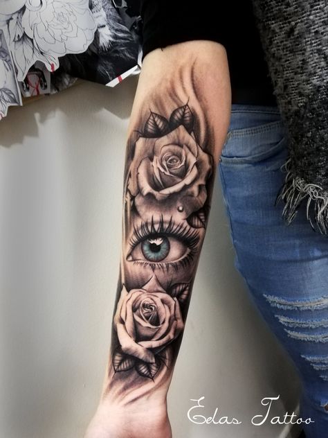 Roses and eye by Edas Tattoo All Seeing Eye Tattoo Women, Woman’s Eye Tattoo, Rose Eye Tattoo Design, Eye Flowers Tattoo, Eye Tattoo Ideas Women Sleeve, Womens Eye Tattoo, Eye With Tears Tattoo, Eye Reflection Tattoo, Coverup Forearm Tattoo Women