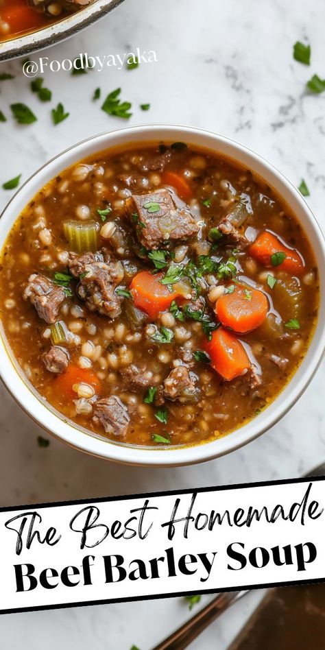 Beef barley soup with vegetables, ideal for cozy Christmas gatherings and winter comfort food. Beef Barely Soup, Christmas Soup Recipes, Beef Barley Stew, Dinner Soup Recipes, Slow Cooker Lasagna Soup, Barley Soup Recipe, Crockpot Lunch, Christmas Soup, Barley Recipe