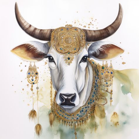 Watercolour print of sacred cow Cow With Sunflower Tattoo, Cow Portrait Tattoo, Indian Cow Painting, Cow Watercolour Painting, Spirit Animal Tattoo, Sacred Cow, Sacred Cow India, Cow Tattoo, September 2024