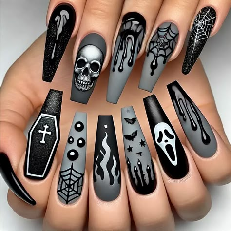 🖤 Horror Nail Design For Halloween 🎃 | Spooky Nail Art Ideas | Halloween Nail Design 💀  Get ready to give your Halloween look a chilling edge with these Horror Nail Designs! From dripping blood to skulls, spiders, and gothic crosses, these spooky nail art ideas are perfect for the ultimate Halloween vibe. Whether you're a fan of dark gothic nails, creepy coffin shapes, or eerie matte black and grey tones, these designs will add the perfect touch of Halloween horror to your nails. Ideal for a bold statement, costume party, or just embracing the spooky season! 💅✨  👻 Perfect for: Halloween Parties, Goth Aesthetic, Horror Fans, and Spooky Vibes! 🕸️💀  #HalloweenNails #HorrorNails #SpookyNailArt #GothicNails #HalloweenManicure #NailDesignIdeas #NailArtInspiration Nail Ideas Horror, Grey Goth Nails, Rip Nail Designs, Gothic Xmas Nails, Rocky Horror Picture Show Nails, Gothic Halloween Nails, Black Nail Art Gothic, Gothic Nails Coffin, Horror Nail Designs