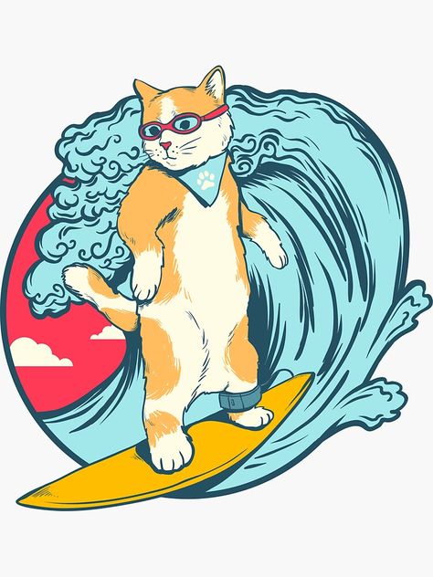 Cat Surfing, Surf Drawing, Surfer Stickers, Beach Cartoon, Surf Stickers, Cat Essentials, Silly Cats, Buy A Cat, Cat Stickers