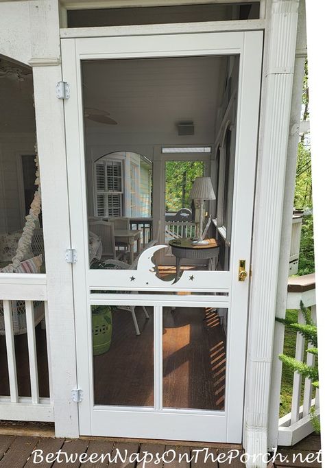 New Screen Doors with a Whimsical Dragonfly & Moon-Stars Design – Between Naps on the Porch Cottage Style Screen Door, Screen Porch Door Ideas, Wooden Screen Doors, Screened Porch Doors, Screen Door Projects, Whimsical Dragonfly, Door Decks, Wooden Screen Door, Florida Cottage