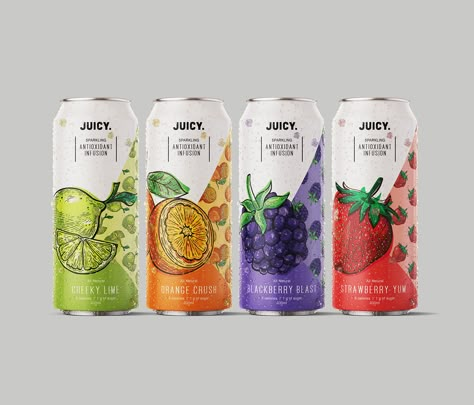 Fruit Antioxidant Infusion Drink Packaging by Juicy on Behance Fruit Package Design, Can Drink Design, Drink Bottle Design, Drink Label Design, Juice Packaging Design, Craft Beer Label Design, Energy Drinks Packaging, Beverage Packaging Design, Juice Design