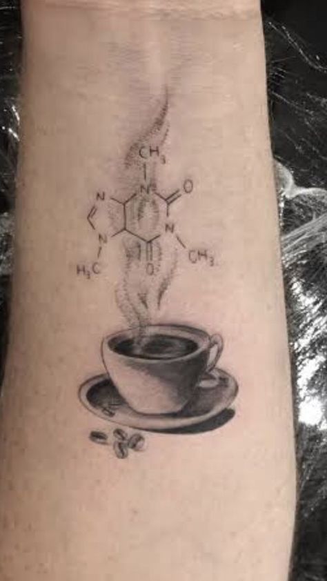 Caffeine Tattoo, Coffee Art Drawing, Tattoo Cafe, Science Tattoo, Science Tattoos, Ink Therapy, Coffee Tattoo, Coffee Tattoos, Getting A Tattoo