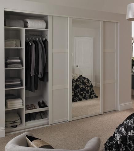 Shaker Panel Door White with Shaker Mirror Door White Bedroom Closet Doors Sliding, White Sliding Wardrobe, Mirrored Wardrobe Doors, Ideas Armario, Sliding Door Wardrobe Designs, Built In Wardrobes, Sliding Wardrobes, Bedroom Closet Doors, Fitted Wardrobe