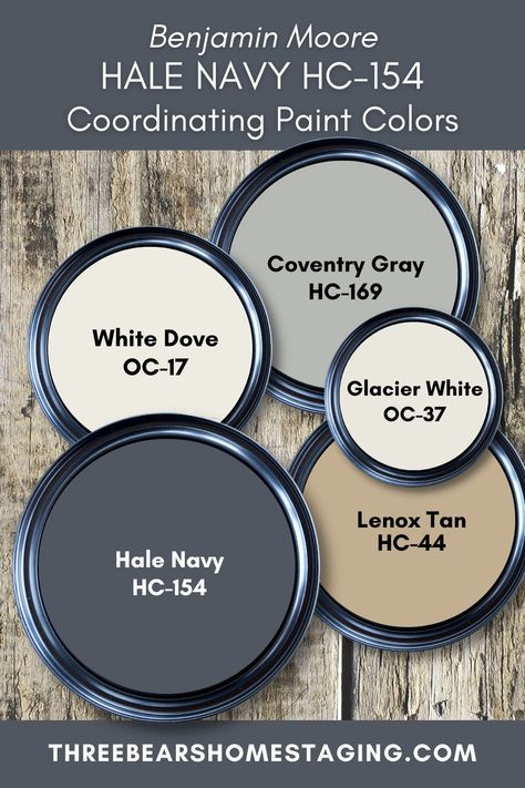 Paint Color Review: Benjamin Moore Hale Navy HC-154 | Three Bears Home Staging® Rooms With Navy Blue Walls, Whole House Paint Scheme With Navy Blue, Midnight Benjamin Moore Paint, Navy Blue Home Color Palette, Benjamin Moore Hale Navy Color Palette, Hail Navy Benjamin Moore Exterior, Benjamin Moore Hale Navy Bedroom, Hale Navy Benjamin Moore Living Room, Hale Navy Built Ins