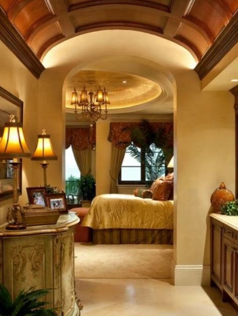 Mediterranean Style Interior, Mediterranean Bedroom, Barrel Ceiling, Tuscan House, Mediterranean Design, Bedroom Design Ideas, Mediterranean Home, Mediterranean Homes, Luxury Homes Interior