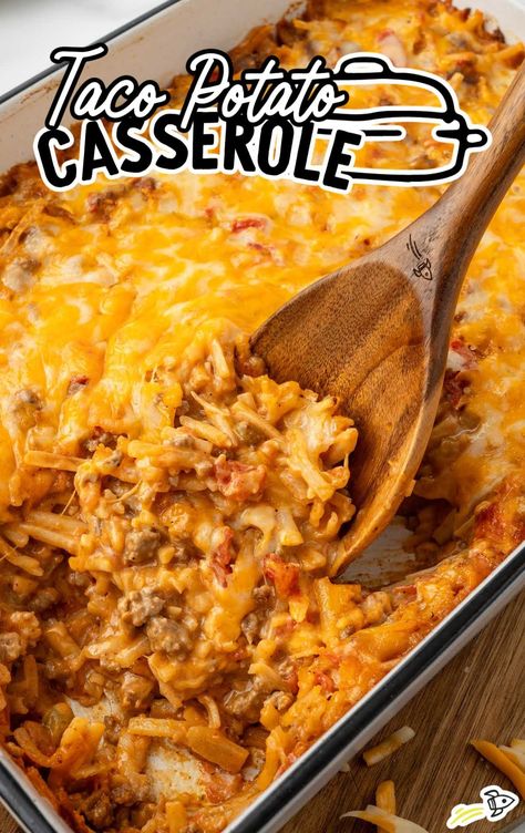 Taco Potato Casserole - Spaceships and Laser Beams Taco Potato Bake, Potato Taco Skillet, Taco Potato Casserole Bake, Taco Hash Brown Casserole, Mexican Potatoes Recipes, Taco Potatoes Casserole, Potato Tacos Mexican, Potato Taco Casserole, Taco Hashbrown Casserole