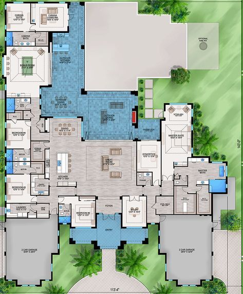 This coastal contemporary house plan gives you 6436 square feet of 1-story living with 4 bedrooms, 6 bathrooms, 1 half bath and 4 car garage spaces.   Amenities include great room, island kitchen with a walk-in pantry, dining room, study, laundry room, bonus room and a cabana suite.   The master bedroom suite features 2 large walk-in closets, dual sinks, free standing tub and a shower.   The flex room - gym or home office - is located adjacent to the master suite.&n Coastal Contemporary Interior Design, One Story Luxury Homes, Pantry Dining Room, One Level House Plans, 6 Bedroom House Plans, Florida House Plans, 4 Car Garage, Standing Tub, Coastal House Plans